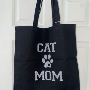 Rhinestone Cat Mom Black Tote Bag with Paw Design